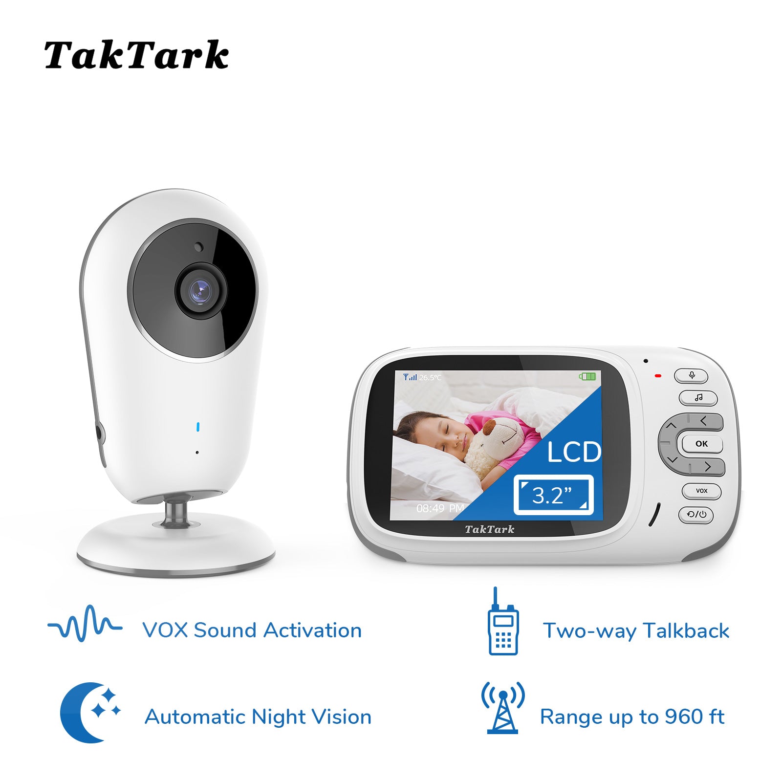 TakTark Babyphone Camera, Babyphones 4.3'' IPS Babyphone Vidéo, Camera Bebe  Surveillance, Visiophone Bébé, VOX, Vision Nocturne, Communication  Bidirectionnelle, Capteur de Température : : Bébé et Puériculture